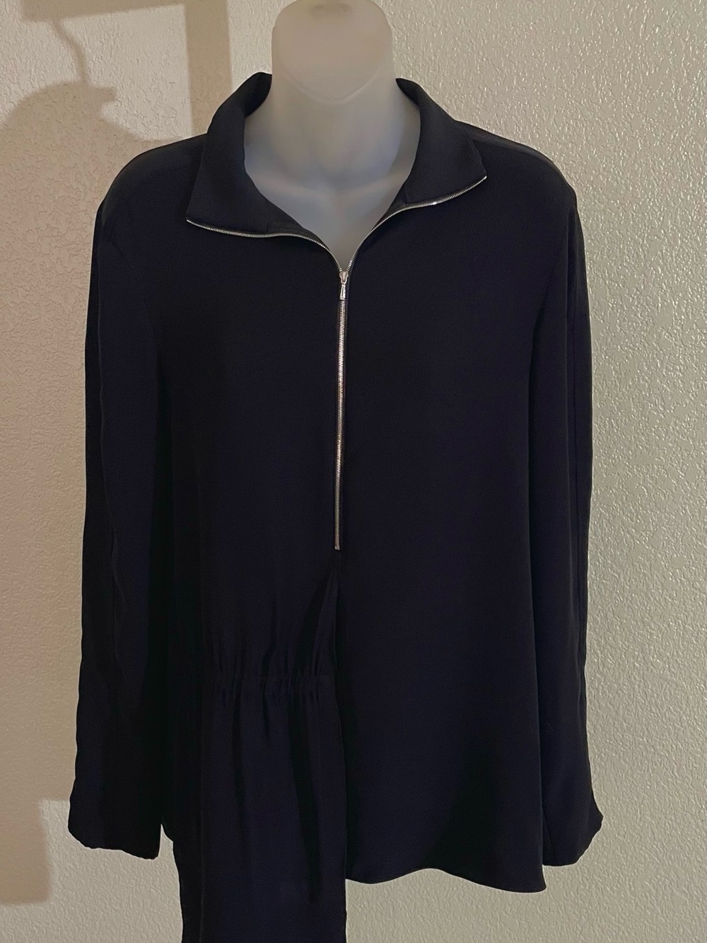 Tibi Black Zip-Neck Pullover Tunic Top with Asymmetrical Gathered Hemline Sz 2
